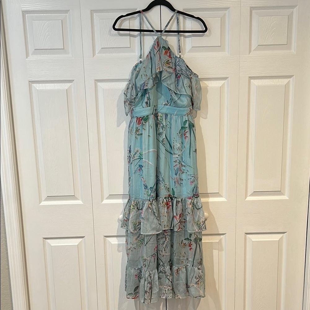 Blue Tiered Ruffled Halter Midi Dress